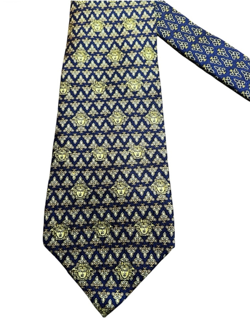 Versace Vintage 90’s Navy and Gold Medusa Motif Silk Tie